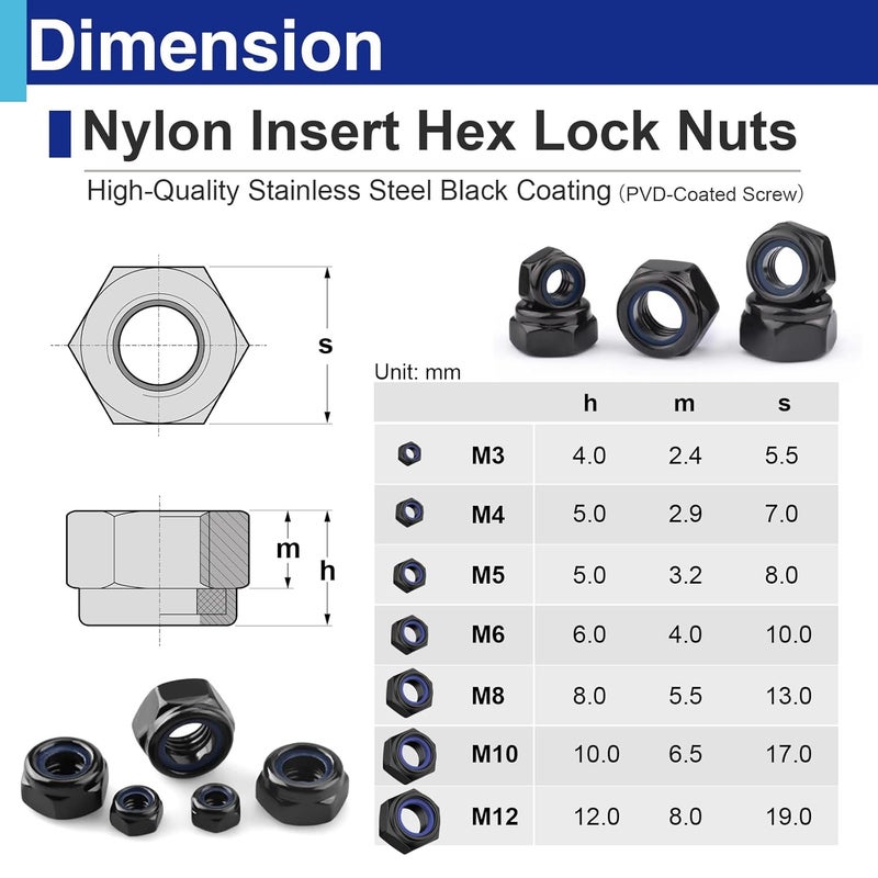 Usdrwam 140 Pcs Lock Nuts Assortment Kit M3 M4 M5 M6 M8 M10 M12, 304 Stainless Steel Black PVD Coated Nylon Insert Hex Nuts - Image 2